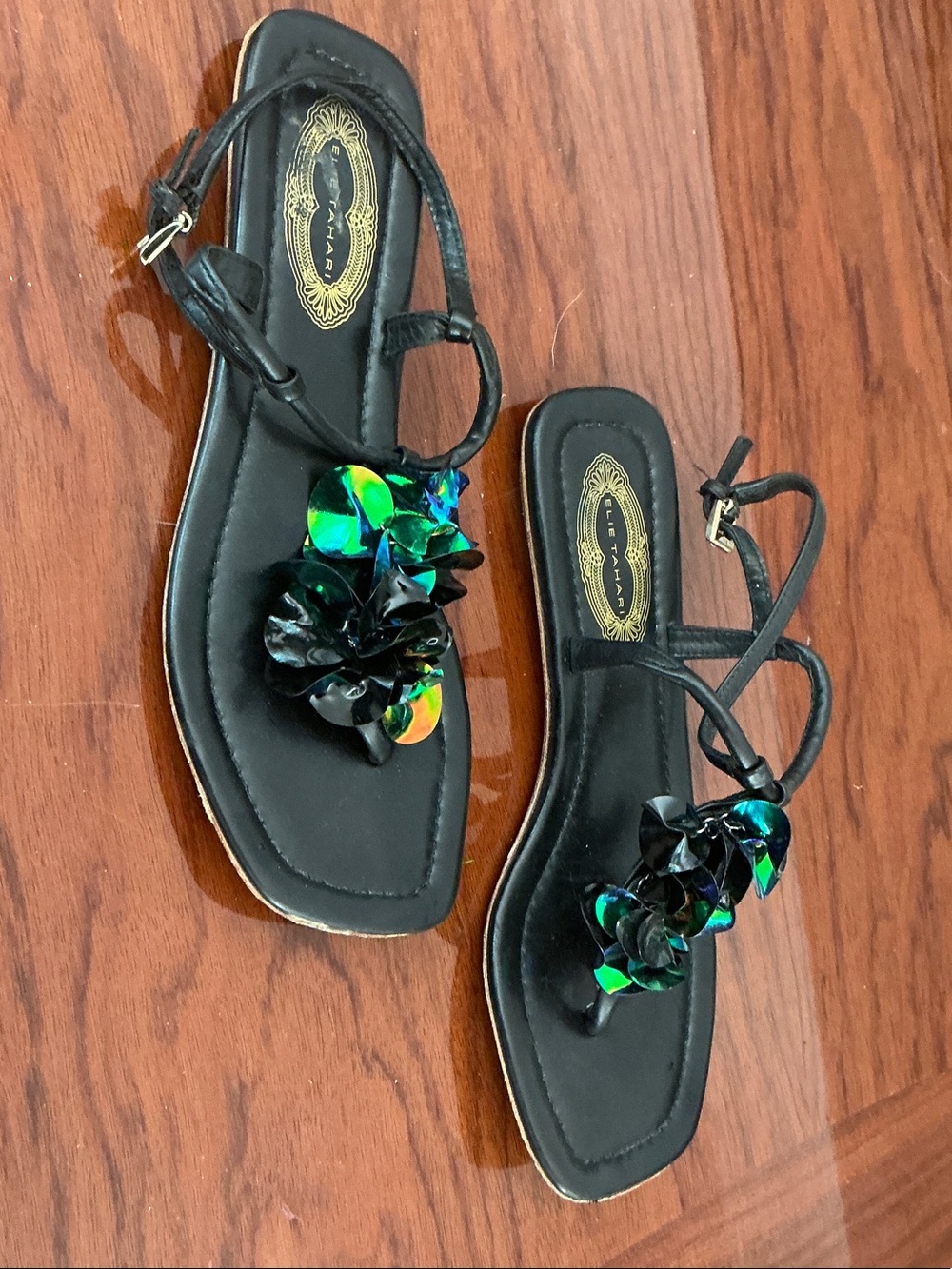 Black Floral Accent Flat Sandals with Iridescent Detail